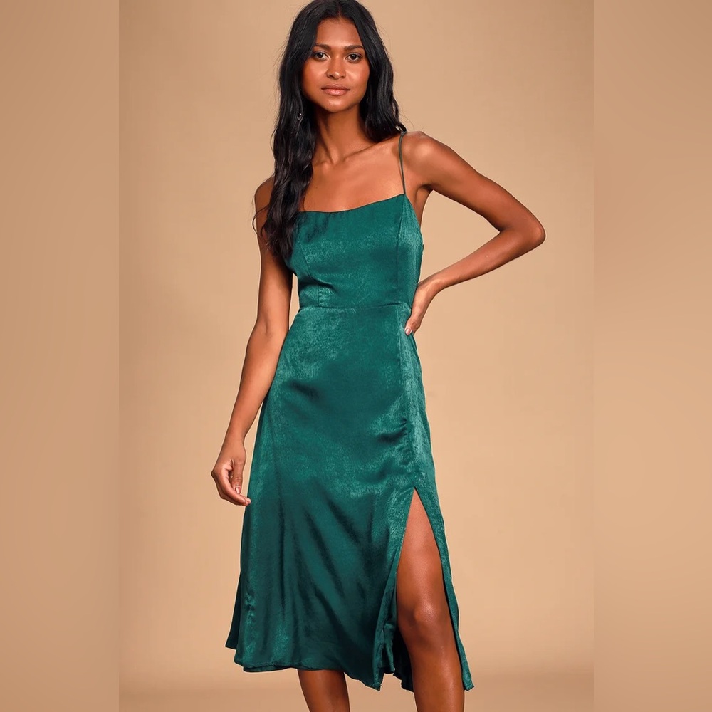 Lulus Marabel Teal Blue Satin Backless Midi Dress